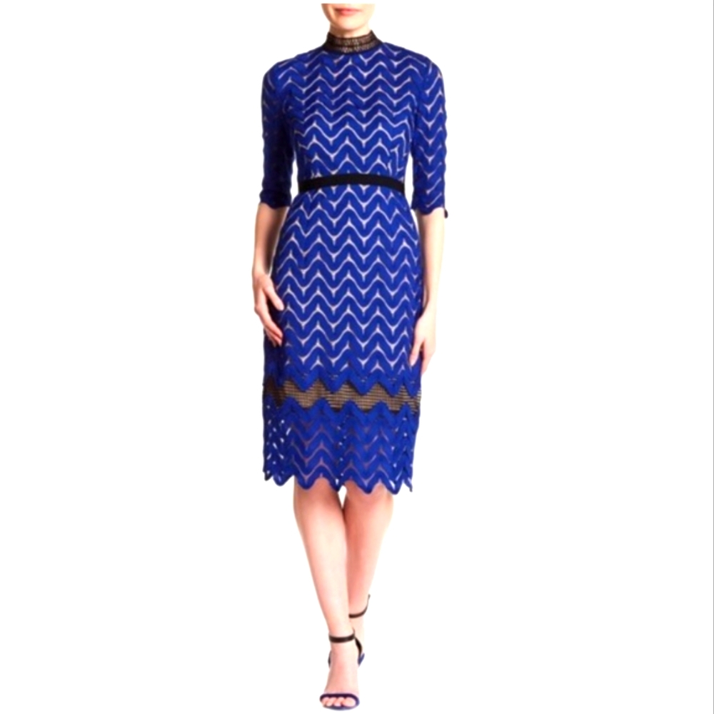 Blue Lace Midi Dress with Sheer Detailing